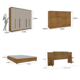 Quarto Casal Completo Guarda Roupa 6 Portas com Cômoda Cama e Cabeceira  - 3