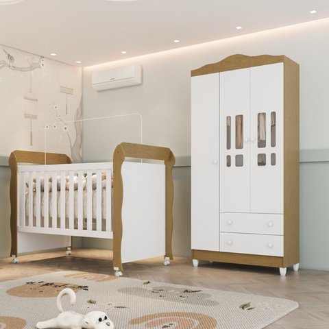 Conjunto Quarto Bebê Berço Mini Cama Mirelle Guarda Roupa 3 Portas 100% MDF Mirelle Branco/com Bétul