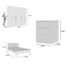 Quarto Casal Completo Guarda Roupa 6 Portas Veneza com Cama e Mesa de Cabeceira Neve  - 3