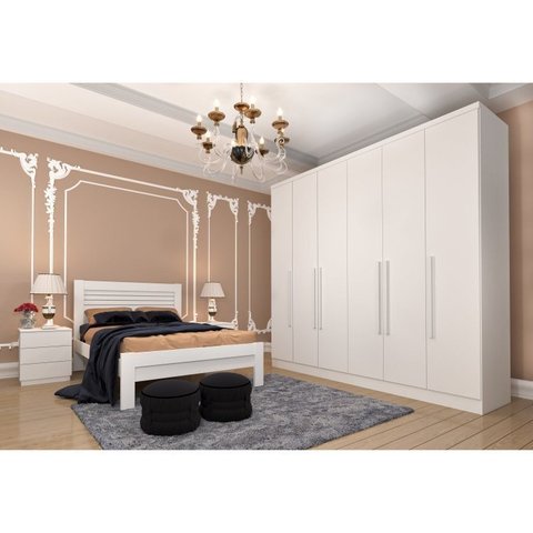Quarto Casal Completo Guarda Roupa 6 Portas Veneza com Cama e Mesa de Cabeceira Neve Branco