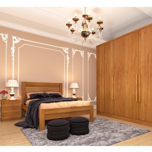 Quarto Casal Completo Guarda Roupa 6 Portas Veneza com Cama e Mesa de Cabeceira Neve 