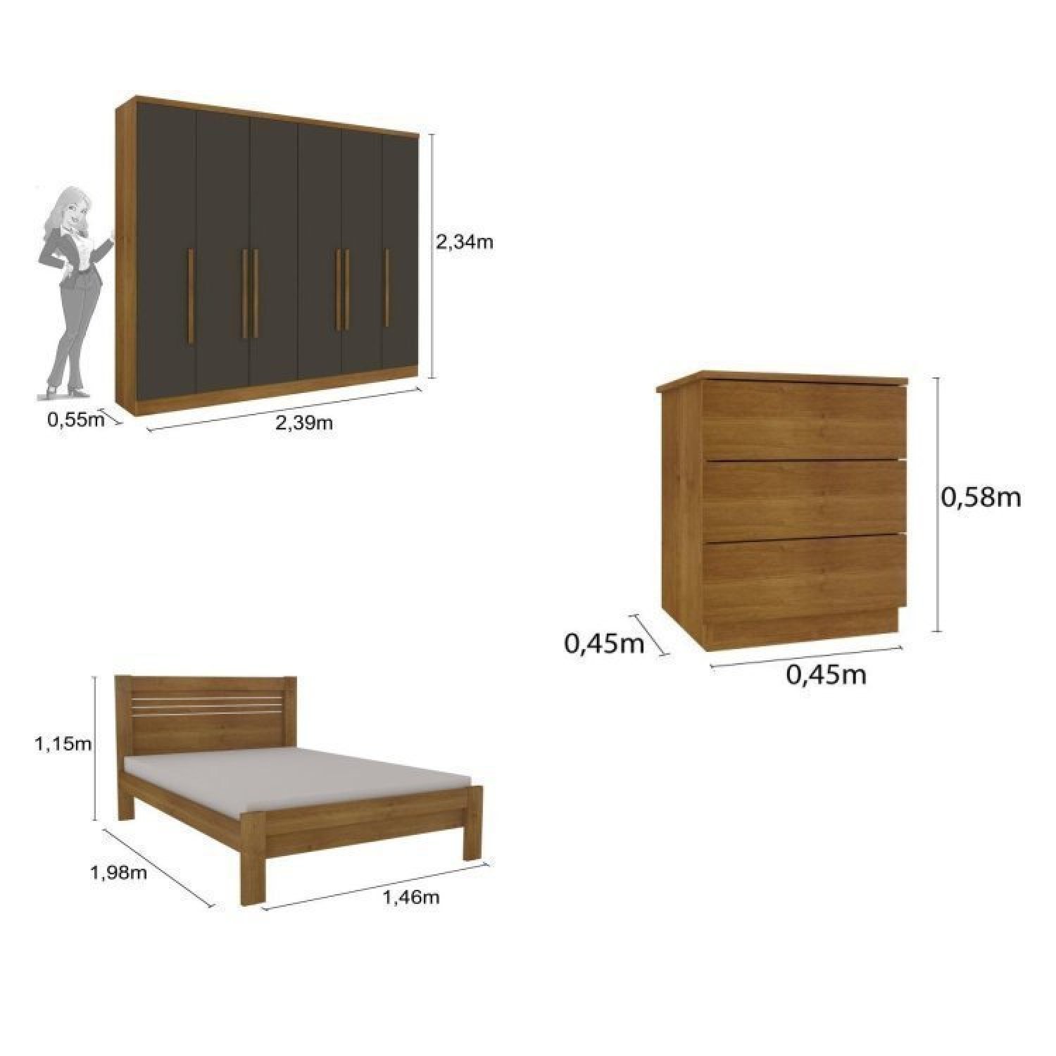 Quarto Casal Completo Guarda Roupa 6 Portas Veneza com Cama e Mesa de Cabeceira Neve  - 3