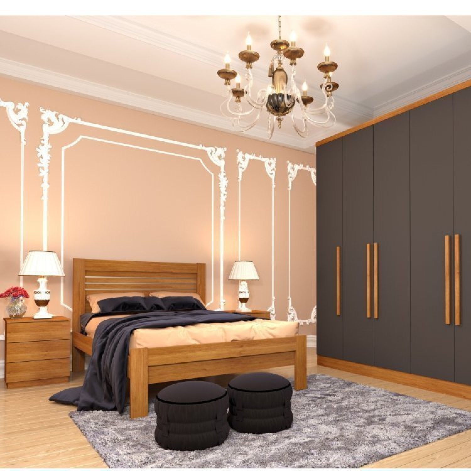 Quarto Casal Completo Guarda Roupa 6 Portas Veneza com Cama e Mesa de Cabeceira Neve  - 1