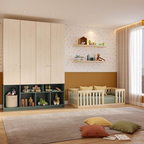 Quarto Montessori Mini Cama Giulia e Guarda-Roupa Curió 4 Portas Casatema MadeiraOriginals Natural/V