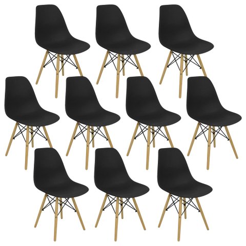 Kit 10 Cadeiras Charles Eames Eiffel Dsw - Base de Madeira Clara - Preto Multicolorido