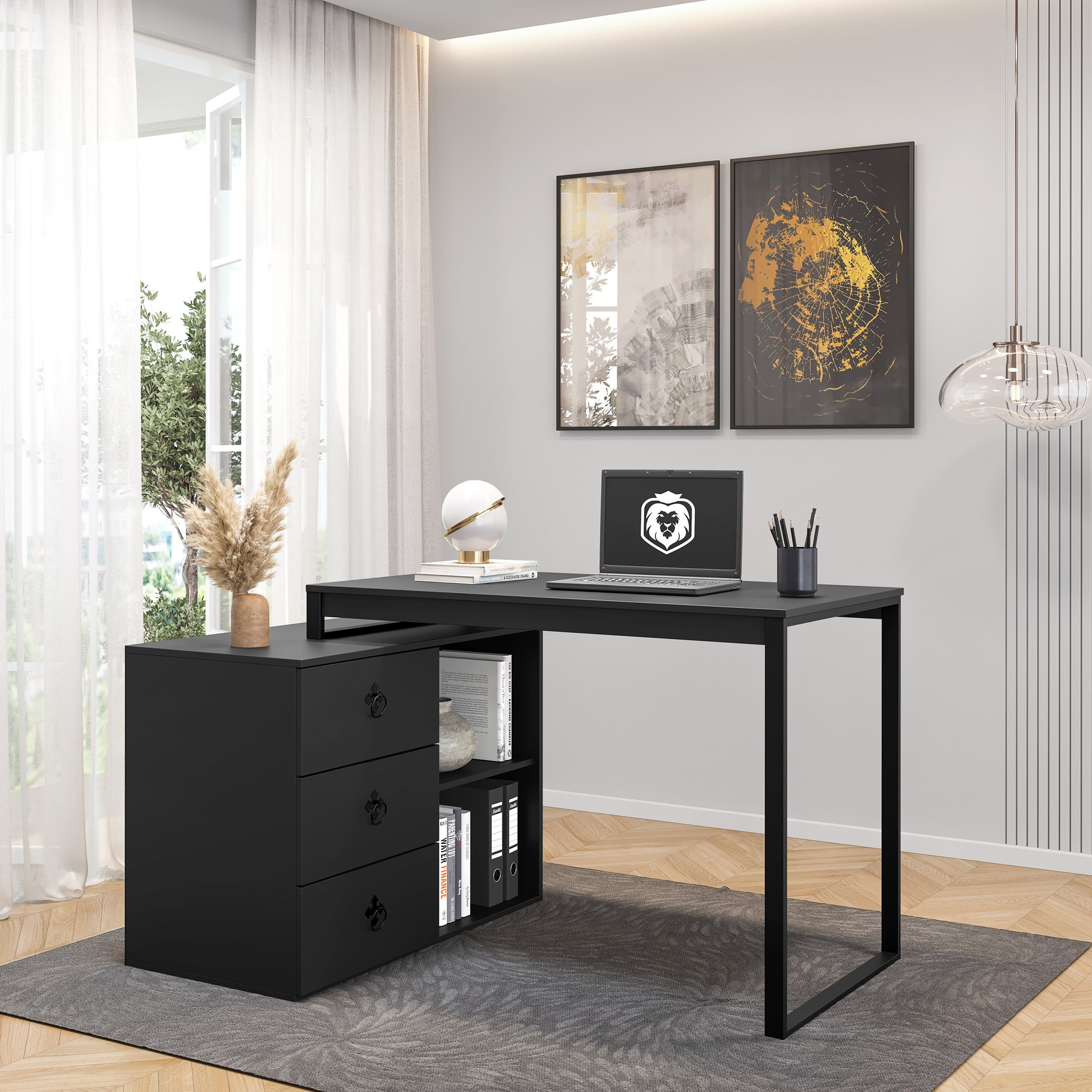 Escrivaninha em L 156x90cm 3 Gavetas 2 Prateleiras Biro Yescasa - 1
