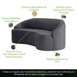 Sofá Curvo Montserrat 180cm 3 Lugares Veludo Cinza Titânio - Nexta Casa - 5