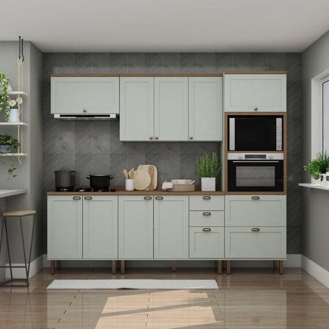 Cozinha Completa Modulada Americana 5 Peças com Portas 4 Gavetas Verde/Mint/Ébano Fosco
