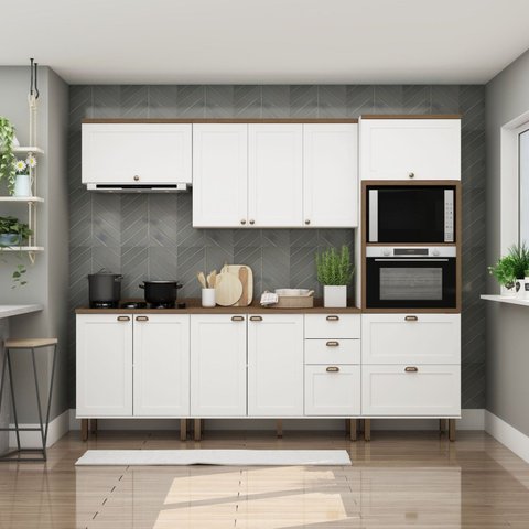 Cozinha Completa Modulada Americana 5 Peças com Portas 4 Gavetas Branco/Fosco/Ébano