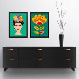 Kit 2 Quadros Decorativos Gravuras Frida e Flores 45x34cm:moldura Preta - 2