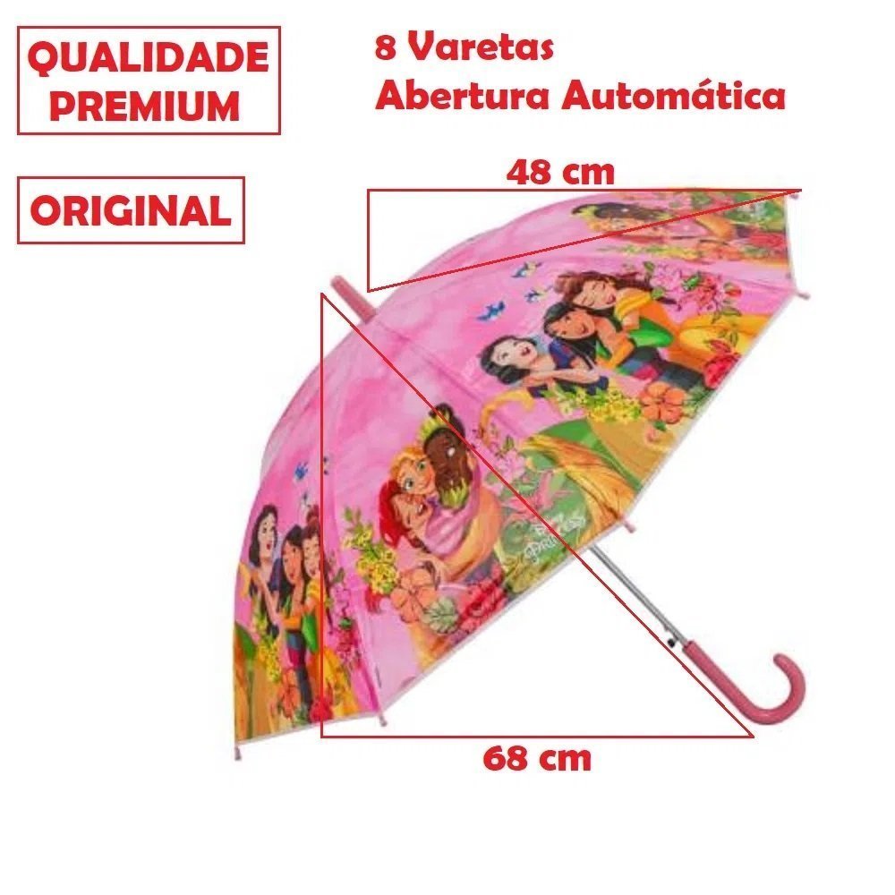 Guarda Chuva Princesas - 4 a 12 anos - Reforçado Automatico - Cinderela Ariel Bela Jasmine - Infanti - 3