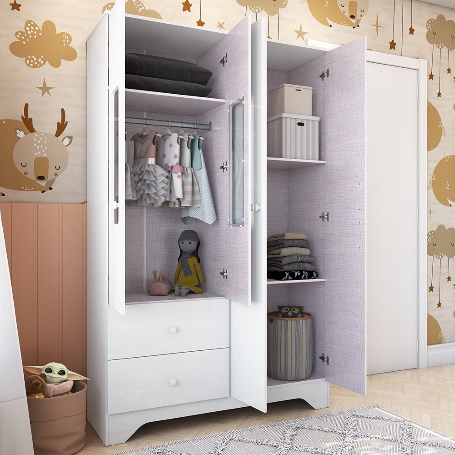 Guarda Roupa Infantil 4 Portas com Janelas Retângulo 2 Gavetas 100% MDF Cocada - 6