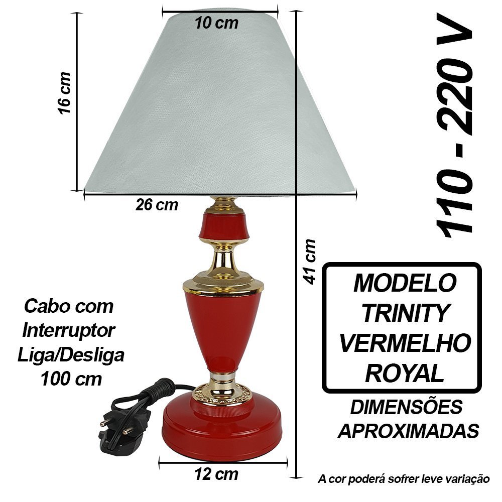 Abajur Clássico Trinity Quarto Sala Luminária Decoração – Vermelho Royal Cúpula Branca - 2