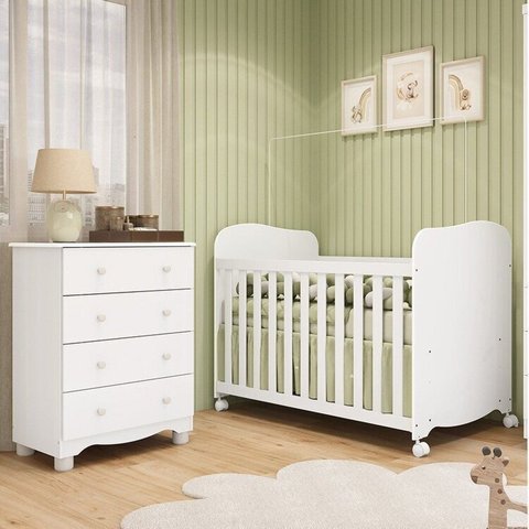 Quarto de Bebê Cômoda 4 Gavetas e Berço com Rodízios 100% MDF Mimo Espresso Móveis Branco Brilho