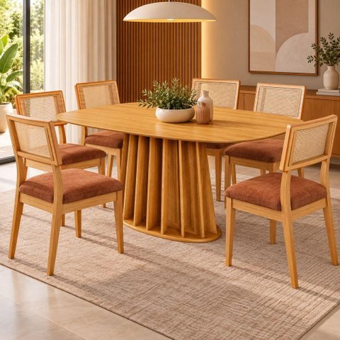 Kit Mesa de Jantar Orgânica Ripada 6 Lugares Tampo em MDF com Cadeiras Estofadas 160cm Dalla Costa