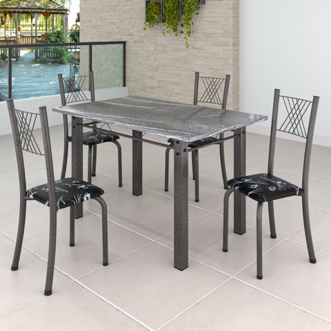 Conjunto Mesa com 4 Cadeiras Tampo de Granito Topázio Sara Yescasa Prata/Preto Floral/Mart