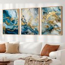 Ver imagem 1 de Kit Quadro Decorativo 3 Telas Mármore Azul em Ouro Tacolado Moldura Caixa 3cm Madeira com Vidro 30 X