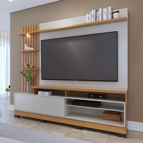 Estante Painel para TV 65 pol com LED Aracati C04 Freijó Off White Matte - Lyam Decor