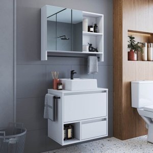 Conjunto para Banheiro Gabinete Suspenso 60cm com Toalheiro Cuba e Espelheira 80cm