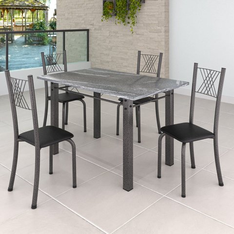 Conjunto Mesa com 4 Cadeiras Tampo de Granito Topázio Sara Yescasa Prata/Preto Liso/Mart