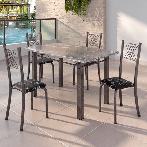 Conjunto Mesa com 4 Cadeiras Tampo de Granito Topázio Sara Yescasa Prata/Preto Floral/Martelado