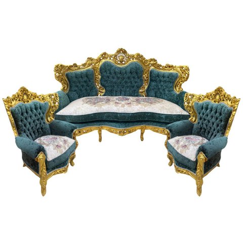 Jogo de Sofá Clássico com Par de Poltronas Verde com Dourado 115x77x88cm 132x220x80cm