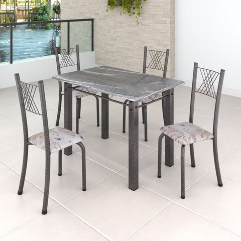 Conjunto Mesa com 4 Cadeiras Tampo de Granito Topázio Sara Yescasa Prata/Botanic Bege/Martelado