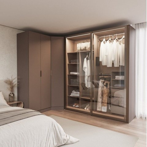 Guarda-Roupa Modulado de Canto Obliquo com 5 Portas Reflectas Orion CabeCasa MadeiraOriginals Marrom