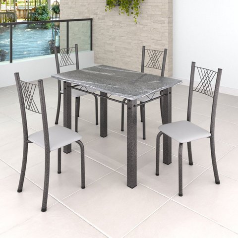 Conjunto Mesa com 4 Cadeiras Tampo de Granito Topázio Sara Yescasa Prata/Branco Liso/Martelado
