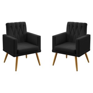 Kit 2 Poltronas Decorativas Estofadas Nina Rodapé Botões para Sala de Estar Couro Artificial Preto A