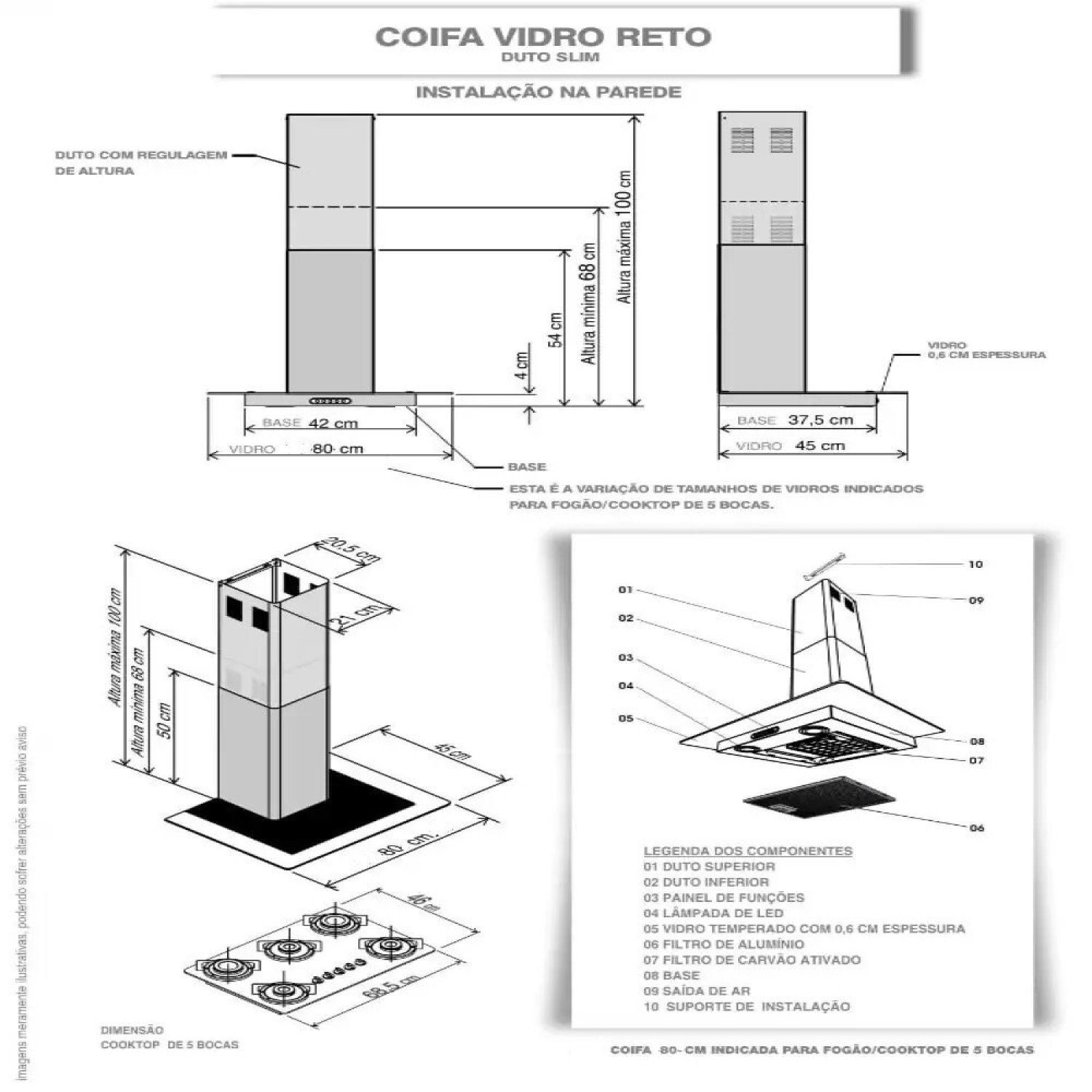 Coifa Vidro Reto Inox Duto Slim 80cm 127v Fogatti - 3
