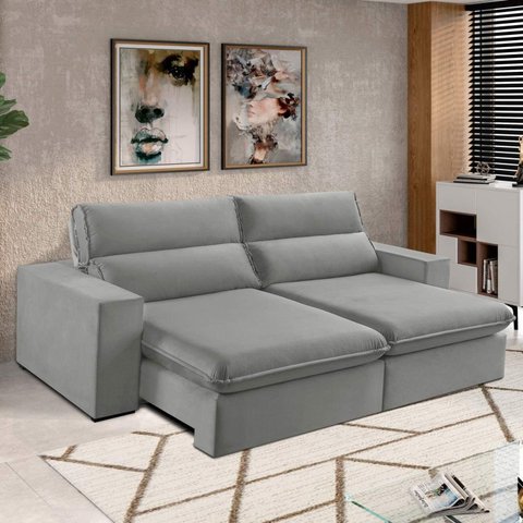 Sofá 4 Lugares 250cm Retrátil e Reclinável Free Veludo Cinza Prateado