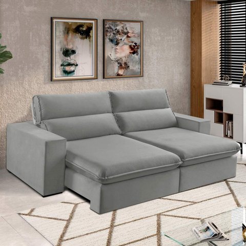 Sofá 4 Lugares 290cm Retrátil e Reclinável Free Veludo Cinza Prateado