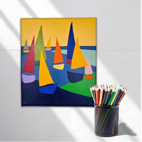 Mini Quadro Minimalista Figurativo de Lindos Barcos em Acrílico Pitado a Mão