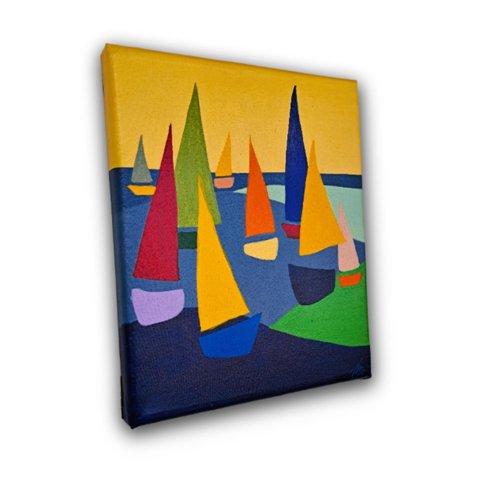 Mini Quadro Minimalista Figurativo de Lindos Barcos em Acrílico Pitado a Mão