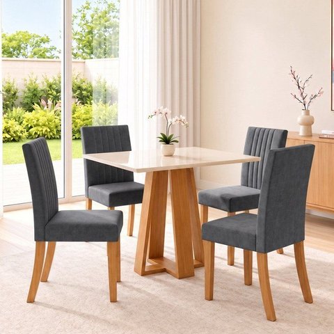 Conjunto Sala de Jantar Mesa Lisa 90cm com Tampo MDF Canto Reto 4 Cadeiras Lily