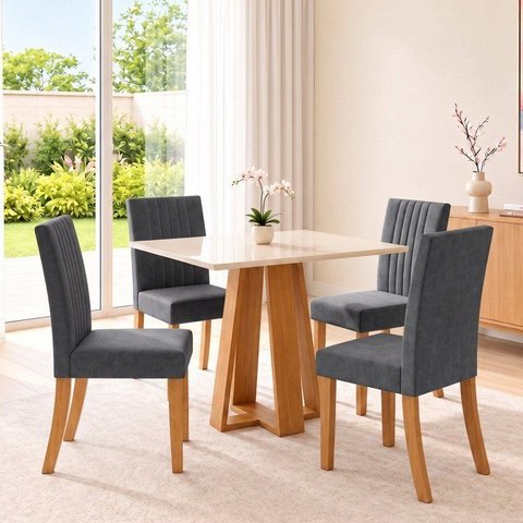 Conjunto Sala de Jantar Mesa Lisa 90cm com Tampo MDF Canto Reto 4 Cadeiras Lily