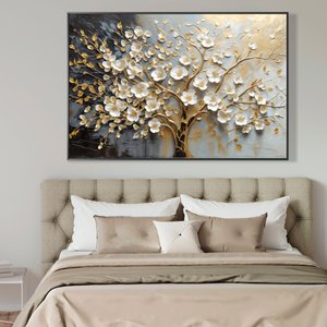 Quadro Decorativo Árvore da Vida Flores Brancas Dourado Sala Quarto Casa Escritório