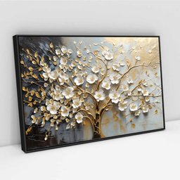 Quadro Decorativo Árvore da Vida Flores Brancas Dourado Sala Quarto Casa Escritório - 2