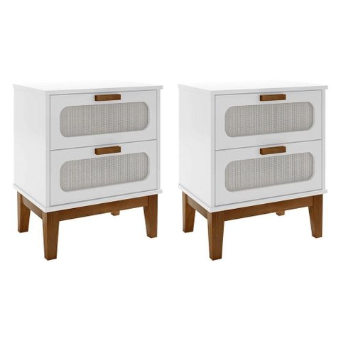 Kit 2 Mesas de Cabeceira 2 Gavetas Santorini Branco 45 Cm com Tela Indiana - Branco