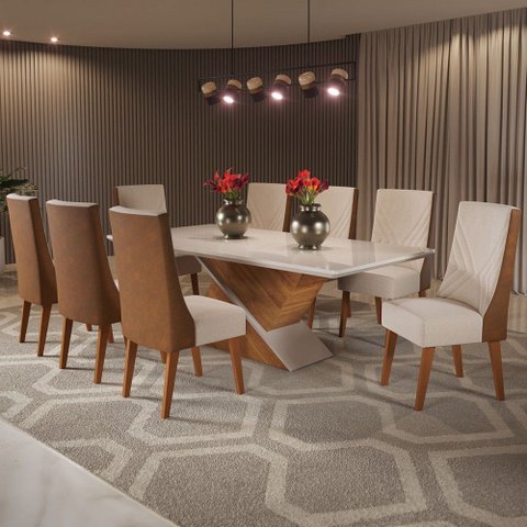 Mesa de Jantar 8 Lugares Glamuor com Vidro Mel/off White/bronze - Pnr Móveis