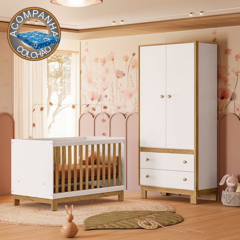 Quarto de Bebê com Berço Slim e Guarda Roupa Flora Branco Freijó Qmovi + Colchão Ortobom