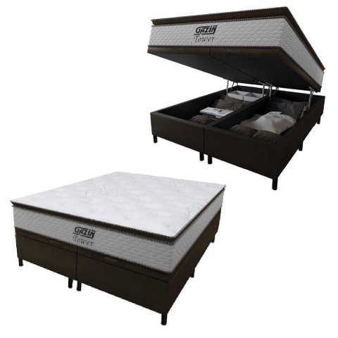Cama Box Baú King Gazin Colchão Molas Ensacadas com Pillow Top Tower 193x203x75cm Branco-marrom