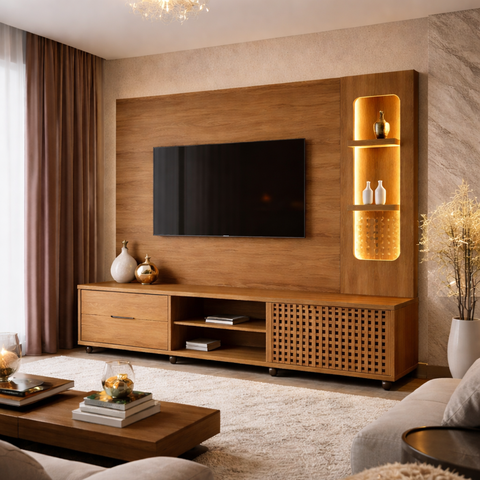 Estante Home 2,10m Lukaliam Móveis para TV até 70 Polegadas com LED no Nicho 1 Porta Correr Ripado