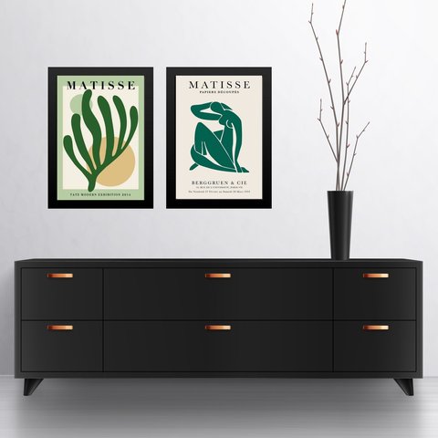 Kit 2 Quadros Gravuras Artes Matisse Verdes 24x18cm - com Vidro:moldura Preta