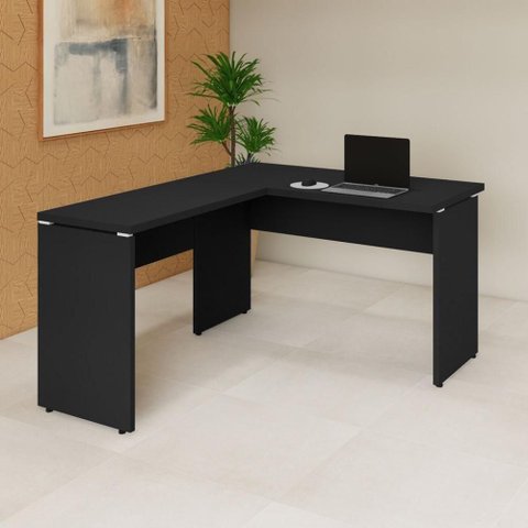 Escrivaninha em L F5 Office Moderno MDP 135cm Preto com Mesa Auxiliar F5 Office