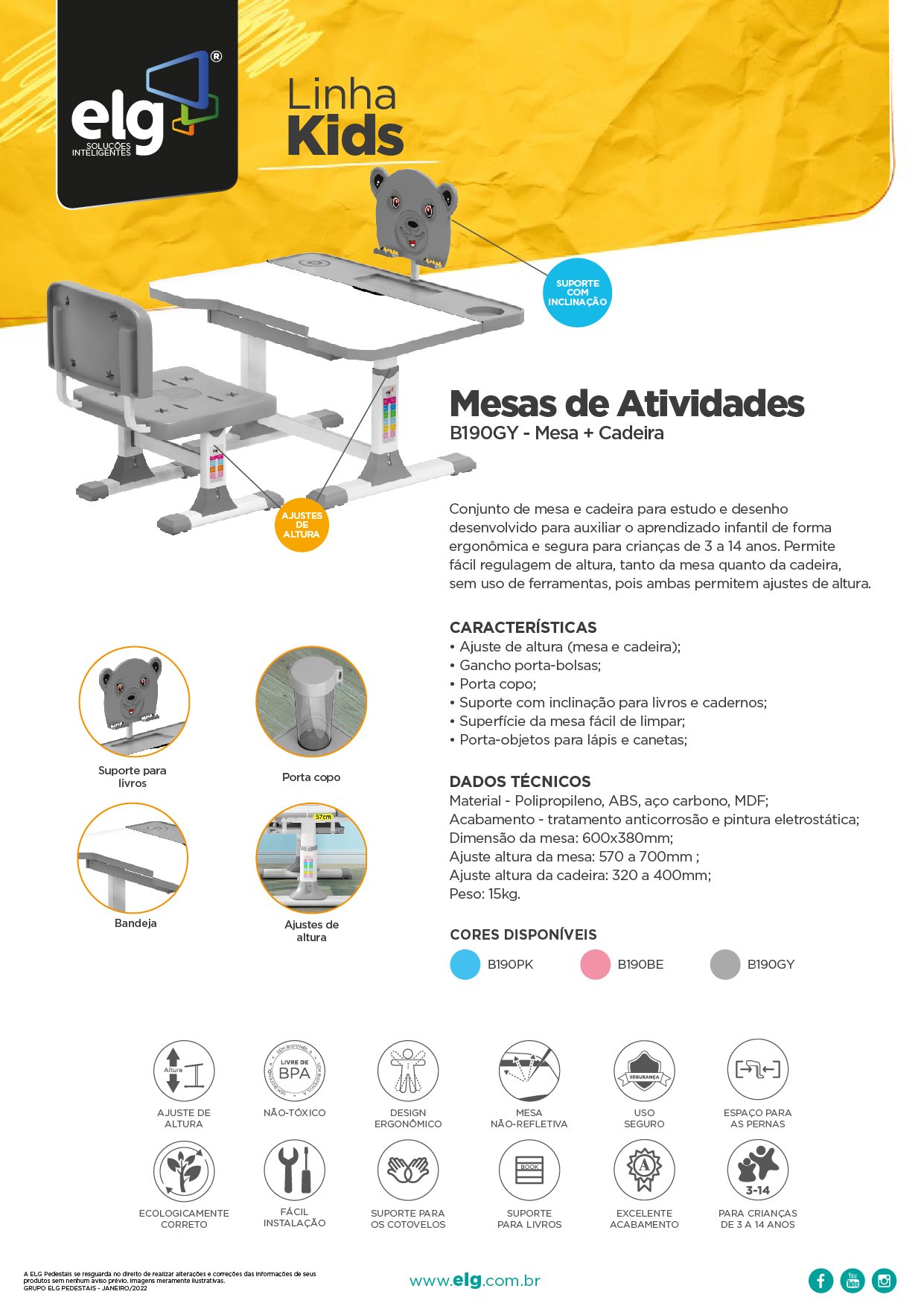 Mesa e Cadeira Infantil Estudo e Desenho Cinza B190gy - Elg - 2