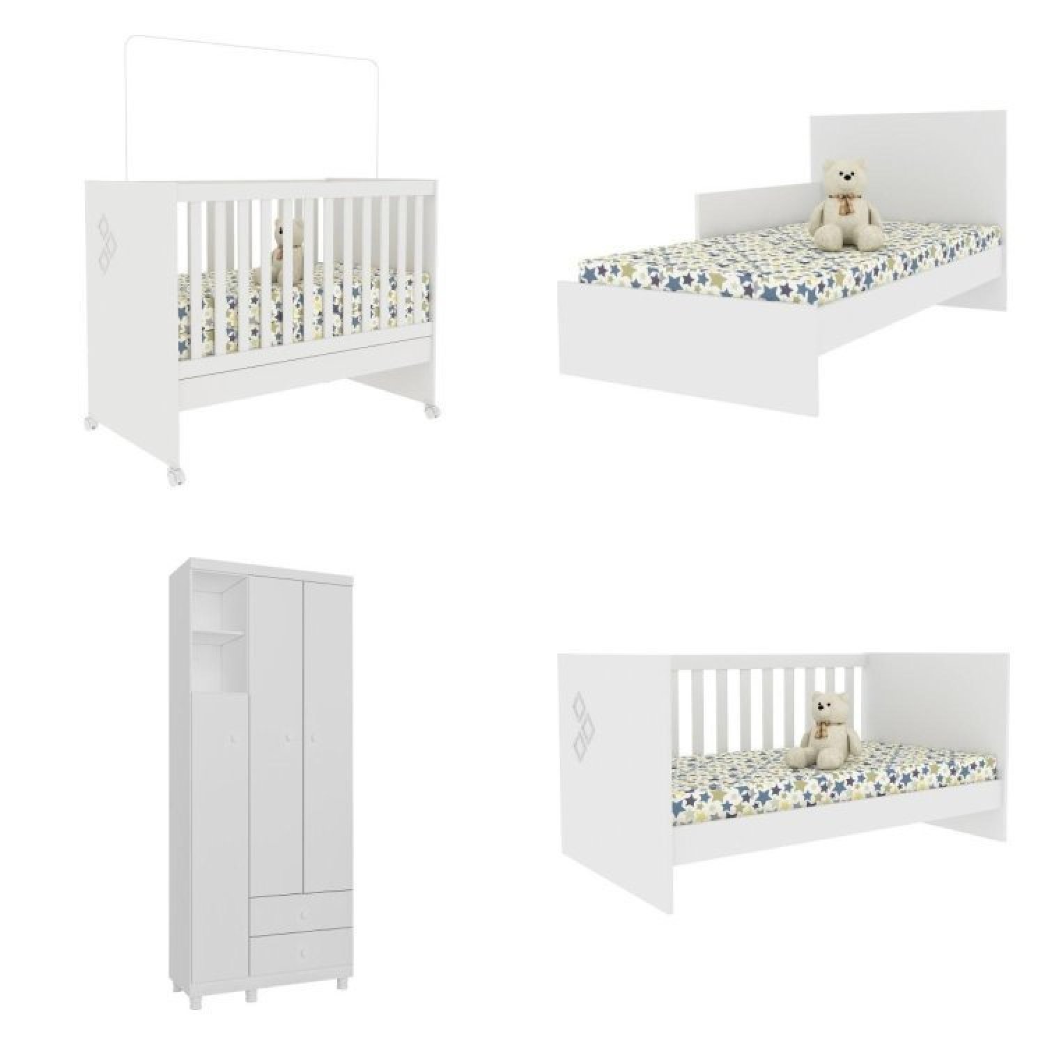 Quarto de Bebê com Berço Mini Cama e Guarda Roupa 3 Portas e Pés Amore Tcil Móveis - 2