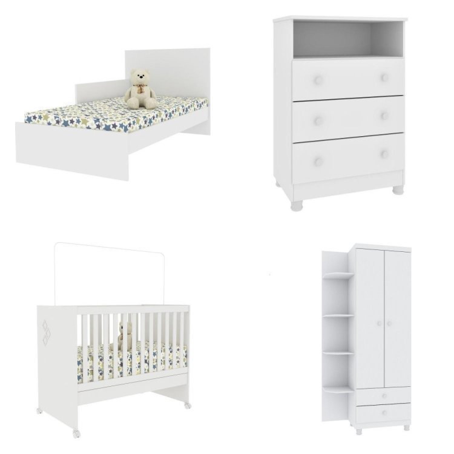 Quarto de Bebê Completo Berço Guarda Roupa 2 Portas Cômoda 3 Gavetas Doçura com Pés Tcil Móveis - 2