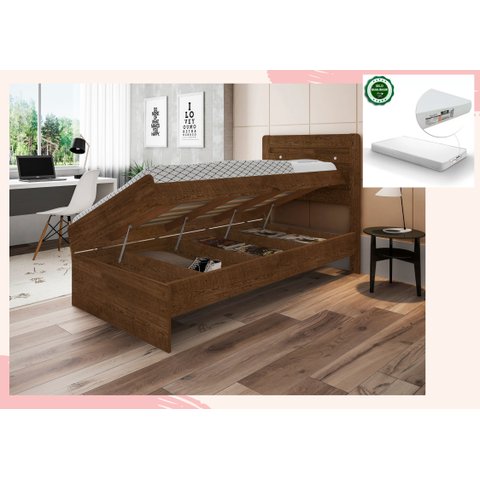 Cama Solteiro Reforçada com Baú e Colchão Solteiro D20 Larissa Mdf/mdp Malbec